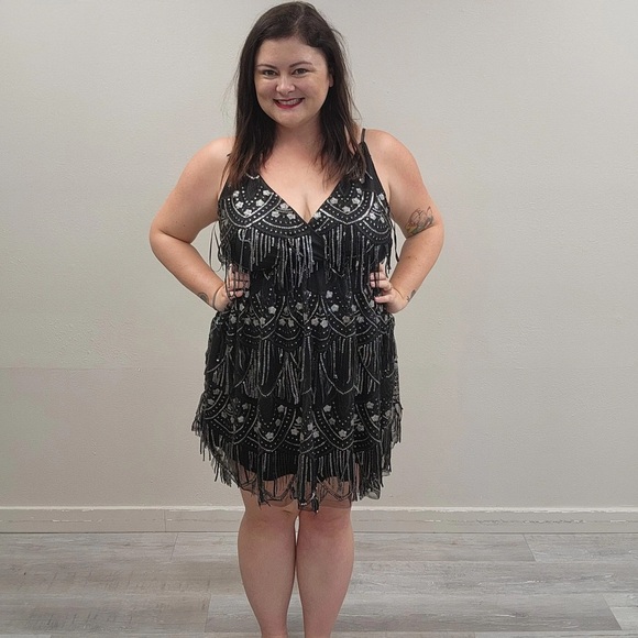 Southern Fried Chicks Black Sequin & Fringe Mini Dress - Size 2X - Picture 1 of 4